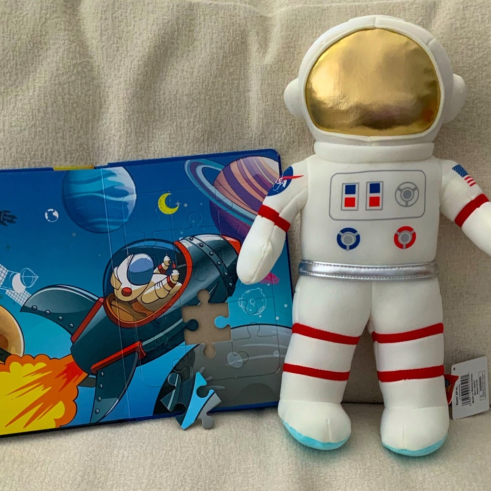 Astronaut stuffie Toy & Space Puzzle book Set bundle